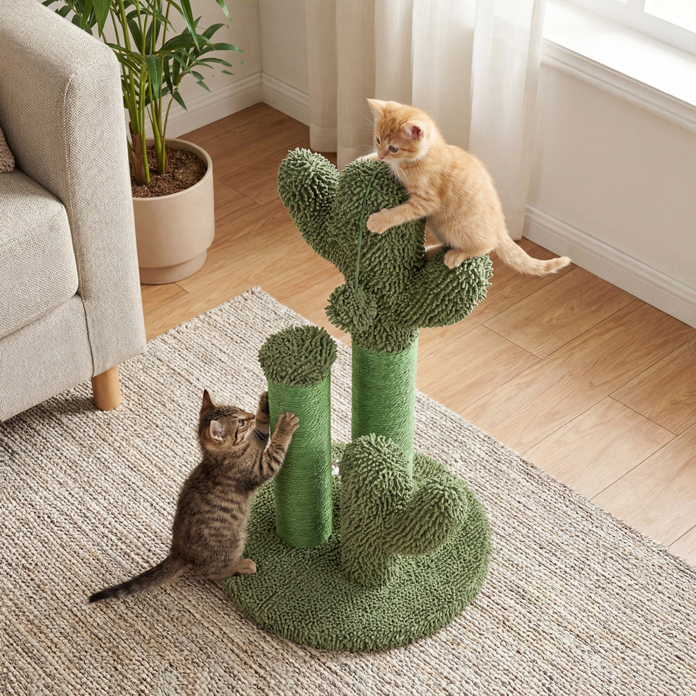 Cactus-shaped cat scratching post with natural sisal rope, featuring plush ball, ideal for healthy claw maintenance.