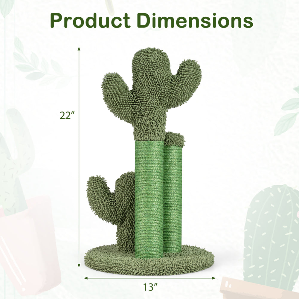 Cactus-shaped cat scratching post with natural sisal rope, 22 inches tall, featuring a plush ball for interactive play.
