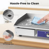 Stainless steel 22-inch electric griddle with drip hole and removable oil storage box for easy cleaning and maintenance.