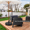 Heavy-duty 22-inch round patio umbrella base stand, fillable with sand or water for stability, ideal for outdoor use.