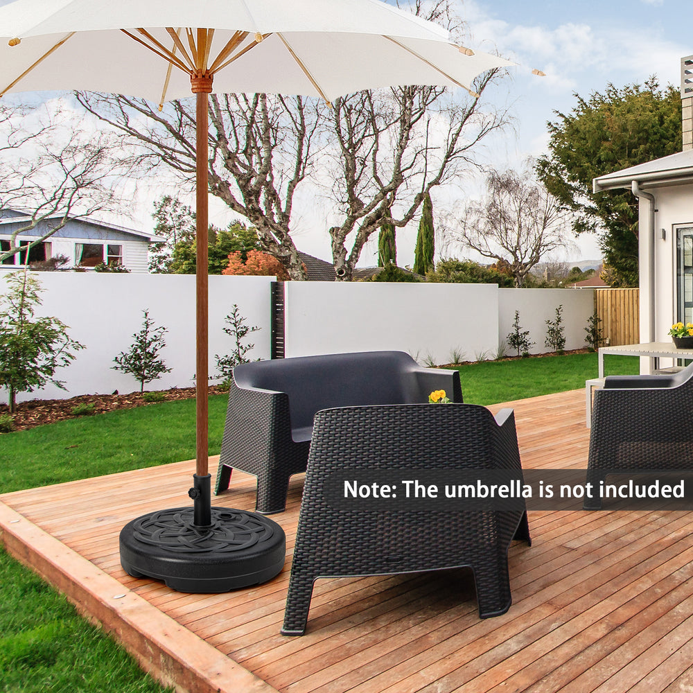 Heavy-duty 22-inch round patio umbrella base stand, fillable with sand or water for stability, ideal for outdoor use.
