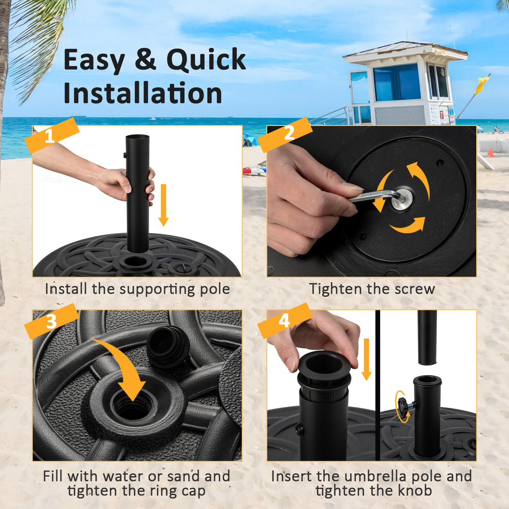 Heavy-duty 22-inch round patio umbrella base stand with fillable reservoir, designed for stability and easy.