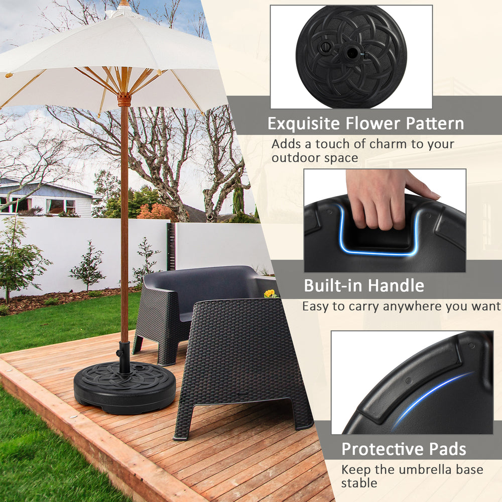 Heavy-duty 22-inch round patio umbrella base stand with built-in handle, fillable for stability, ideal for outdoor use.