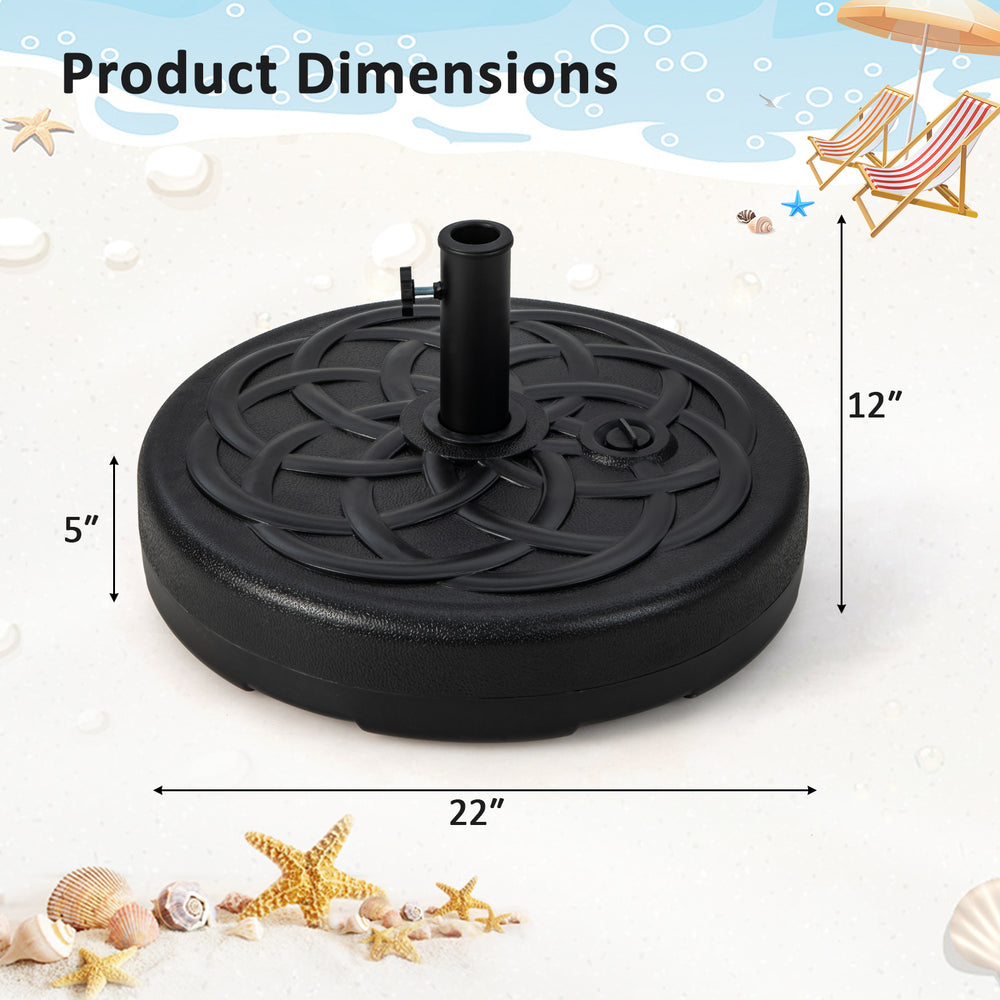 Heavy-duty 22-inch round patio umbrella base stand with a 12-inch height, designed for stability with sand or water.