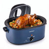 22 QT electric roaster oven in blue with self-basting lid, cooking a turkey with vegetables for flavorful meals.