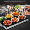 Electric warming tray with adjustable temperature, featuring a spacious glass top for heat-resistant cookware, ideal.