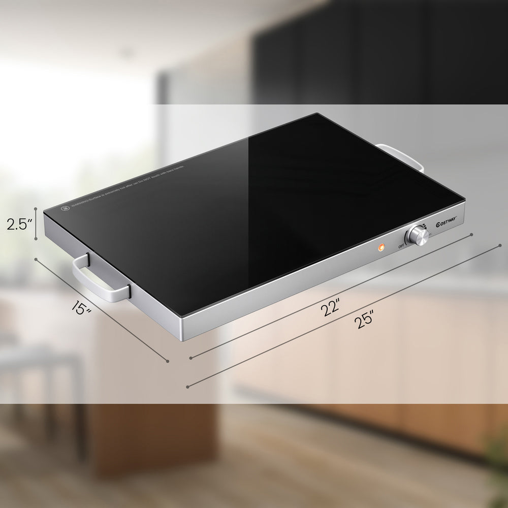Electric warming tray with a 22 x 14 inch glass top, adjustable temperature, and stainless steel finish for buffets and.