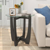 Round end side table with a tempered glass tabletop, black rubber wood frame, perfect for drinks and decor.