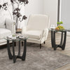 Round end side table with tempered glass tabletop and black rubber wood frame, perfect for drinks and decor.