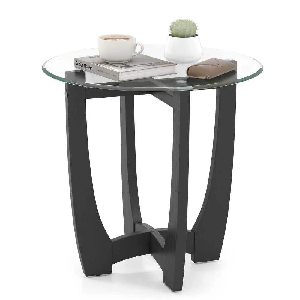 Round end side table with tempered glass tabletop, black rubber wood frame, ideal for drinks and decor in contemporary.