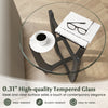 Round end side table with 0.31" tempered glass top, black rubber wood frame, ideal for drinks and decor.