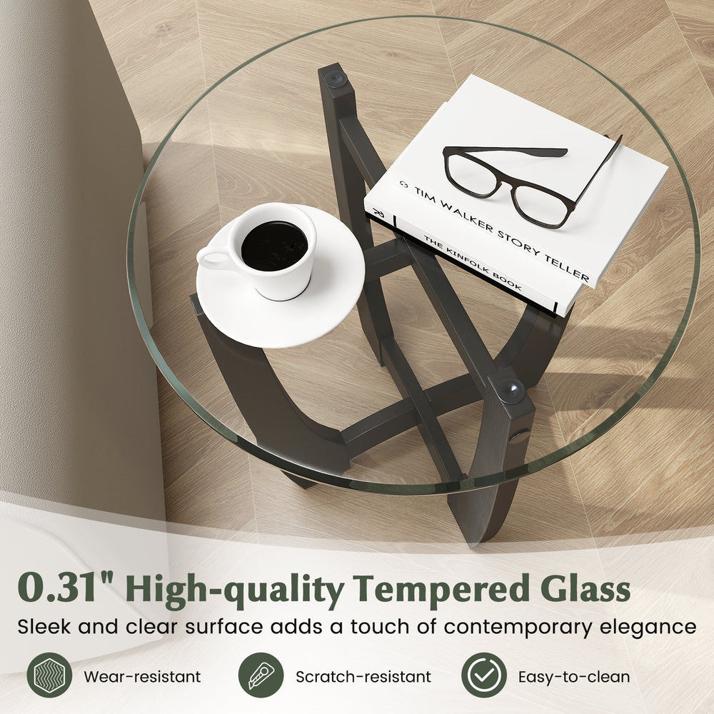 Round end side table with 0.31" tempered glass top, black rubber wood frame, ideal for drinks and decor.