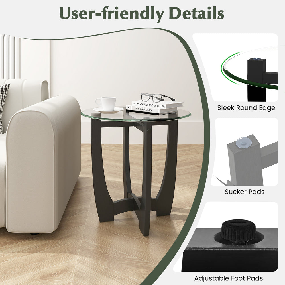 23.5-inch round end side table with tempered glass top, featuring sleek edges and adjustable foot pads for stability.