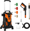 Electric high pressure power washer with 2300 PSI, foam spray, 4 nozzles, and lockable wheels for easy mobility.