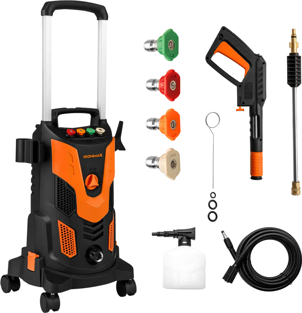Electric high pressure power washer with 2300 PSI, foam spray, 4 nozzles, and lockable wheels for easy mobility.