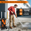 Electric pressure washer in orange with 2300 PSI, featuring foam spray and four nozzles for versatile cleaning.