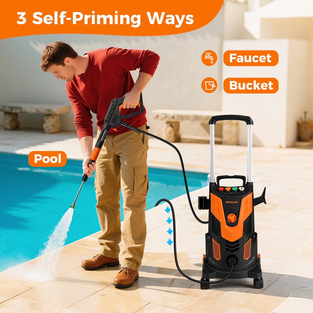 Electric high pressure power washer in orange, featuring foam spray and quick connect nozzles for versatile cleaning.