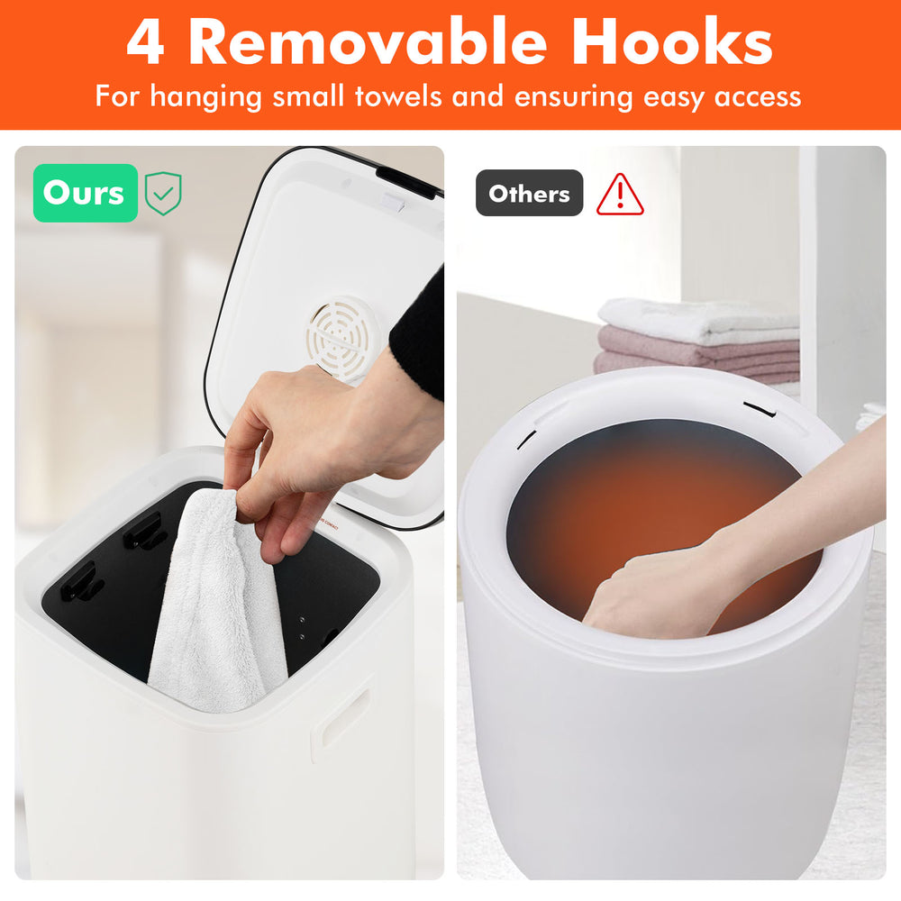 Large 23L hot towel heater with removable hooks, rapid heating, and adjustable timer for convenient towel warming.