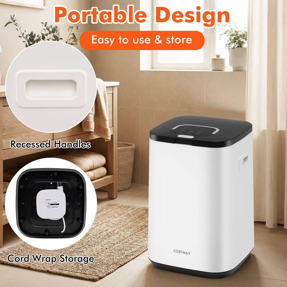 Large 23L hot towel heater in white with recessed handles, rapid heating, and adjustable timer for convenient use.
