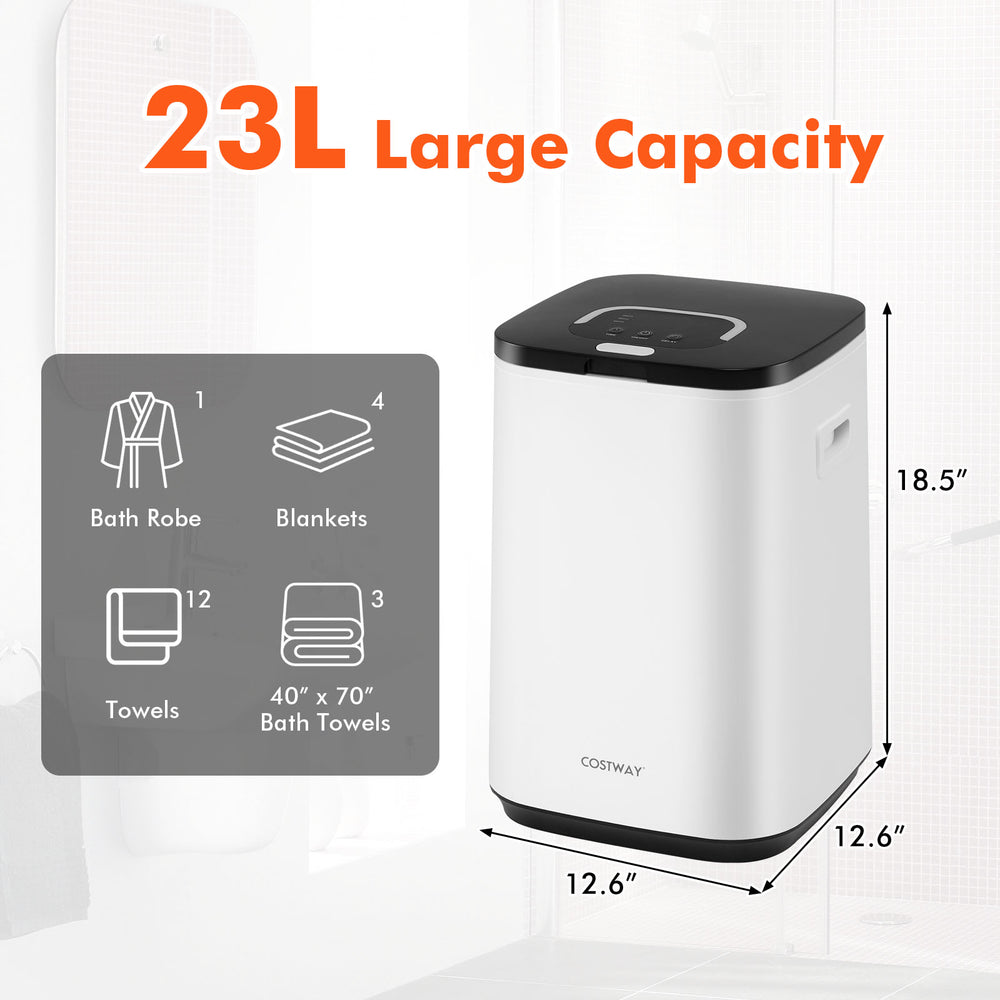 23L large hot towel heater in white with adjustable timer and rapid heating for warm towels and blankets.