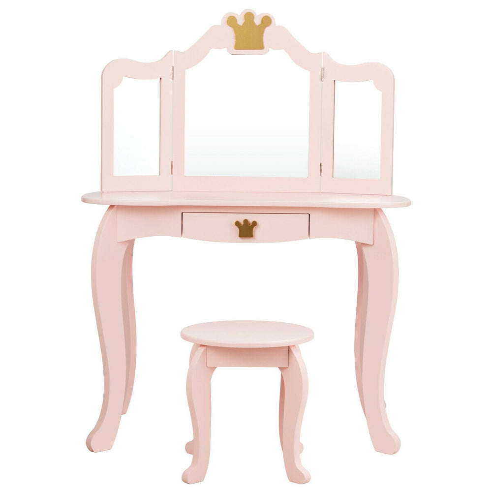 Kids pink makeup dressing table with tri-folding mirror and stool, made of sturdy MDF, perfect for bedroom or playroom.