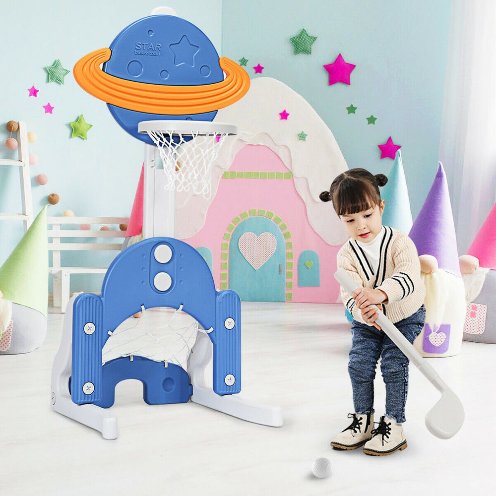 Height adjustable kids basketball hoop set in blue with planet backboard, perfect for indoor and outdoor play.