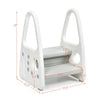 Kids step stool with armrests, gray, two-tier design for potty training, features non-slip steps and safety handrails.