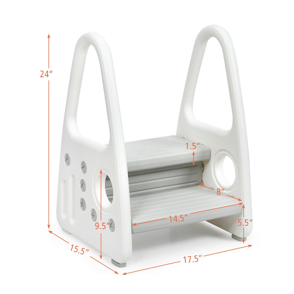 Kids step stool with armrests, gray, two-tier design for potty training, features non-slip steps and safety handrails.
