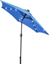 Blue 9-foot solar LED lighted patio market umbrella with tilt adjustment and crank lift for outdoor shade.