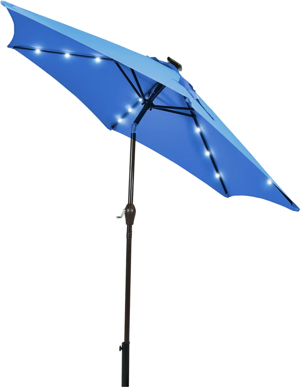Blue 9-foot solar LED lighted patio market umbrella with tilt adjustment and crank lift for outdoor shade.