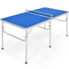 Portable 60-inch blue ping pong table with folding design, includes net, paddles, and balls for easy transport and.