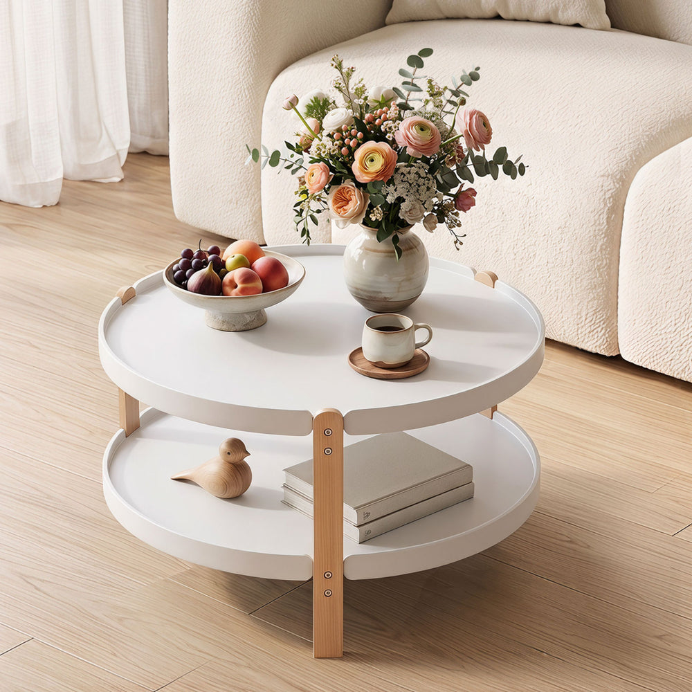 23.5" 2-Tier Round Coffee Table with Solid Wood Legs and Open Storage Shelf-White - Gallery View 1 of 11