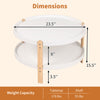 Two-tier round coffee table with solid wood legs, white finish, and open storage shelf for organized living spaces.