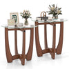 Set of 2 round end side tables with walnut wood frame and tempered glass tops, perfect for drinks and decorations.