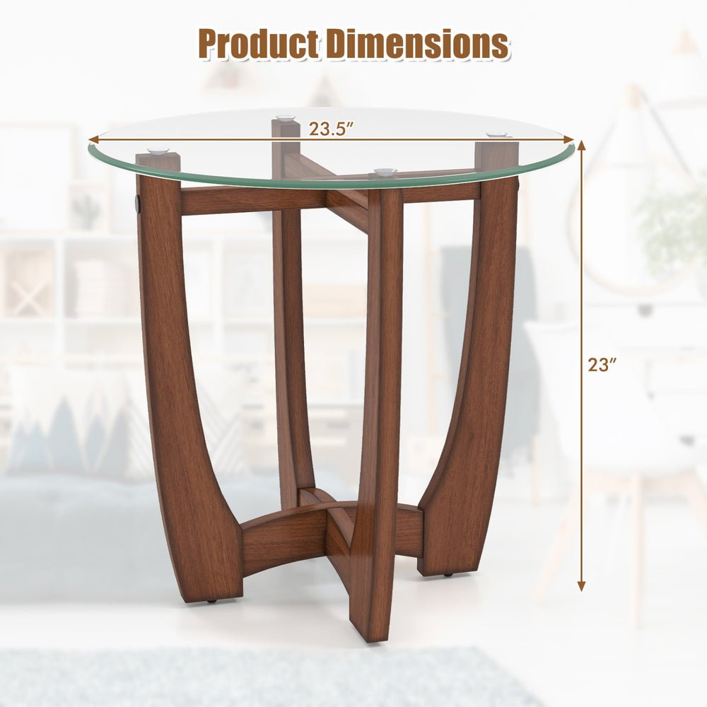 Round end side table with a walnut finish and 23.5-inch tempered glass tabletop, perfect for contemporary decor.