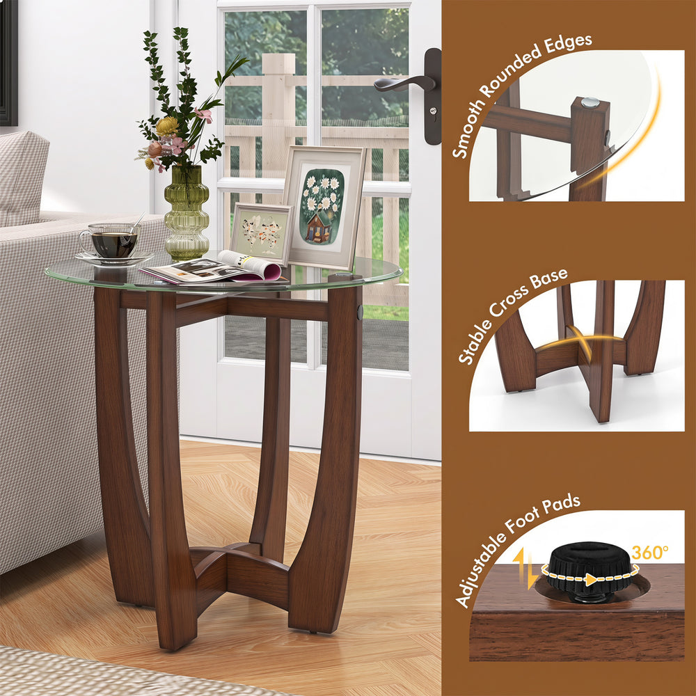 Round end side table with tempered glass top, walnut finish, and adjustable foot pads for stability on uneven surfaces.