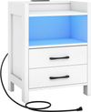 23.5-inch white nightstand with charging station, LED lighting, two drawers, and open storage shelf for modern decor.