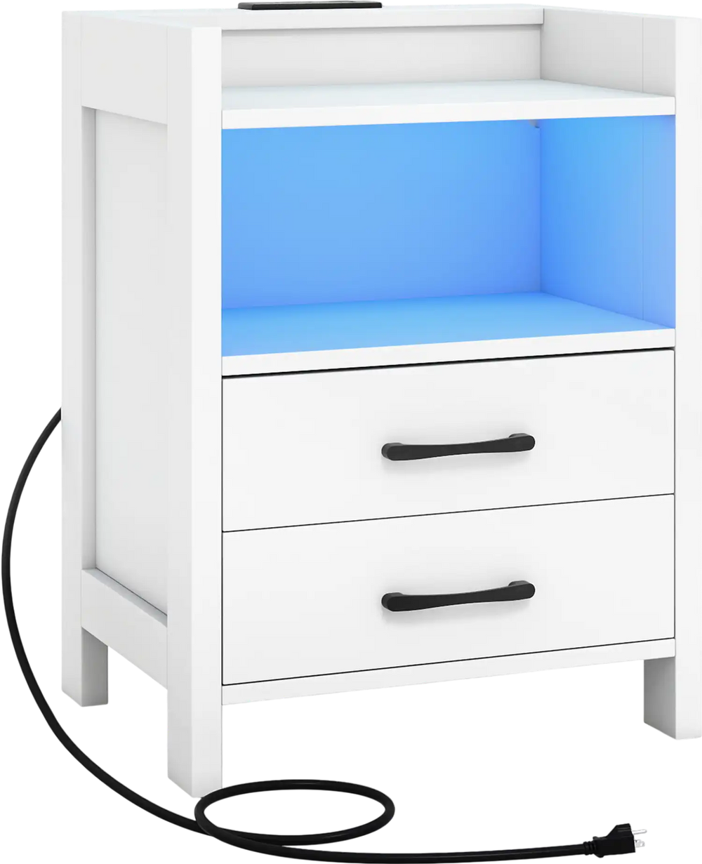 23.5-inch white nightstand with charging station, LED lighting, two drawers, and open storage shelf for modern decor.