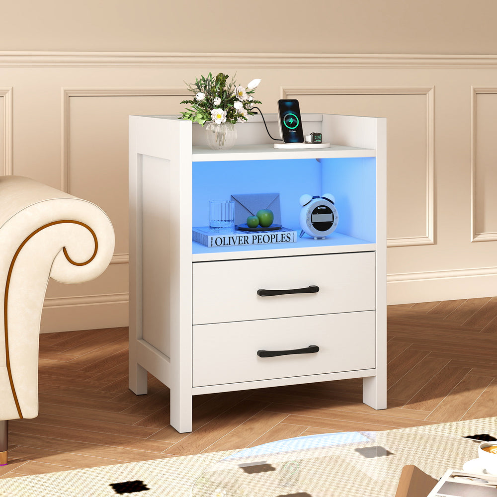 White nightstand with charging station, LED lighting, and two drawers for organized storage in a modern design.