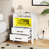 White nightstand with charging station, open shelf, and two drawers, featuring ambient LED lighting for a modern touch.