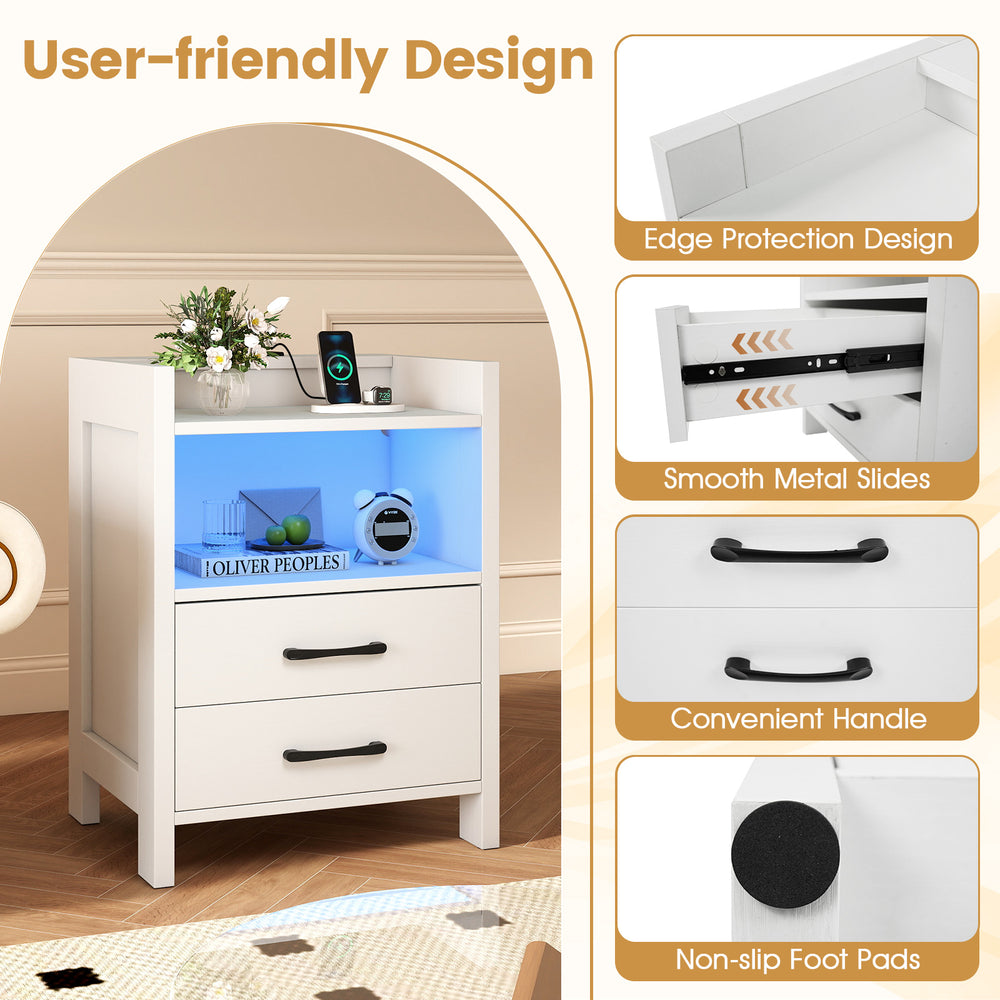 23.5-inch white nightstand featuring a built-in charging station, LED lighting, and two pull-out drawers for organized.