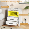 Nightstand with charging station, open storage shelf, and two pull-out drawers in white for organized bedroom space.