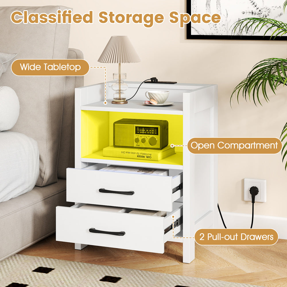 Nightstand with charging station, open storage shelf, and two pull-out drawers in white for organized bedroom space.