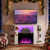 Electric fireplace insert displayed in a festive setting, featuring adjustable flame colors and remote control for cozy ambiance.