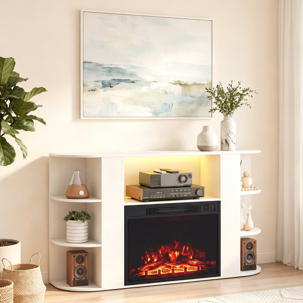 Electric fireplace insert showcasing a stylish design, featuring adjustable flame colors and dual heating options for ambiance.