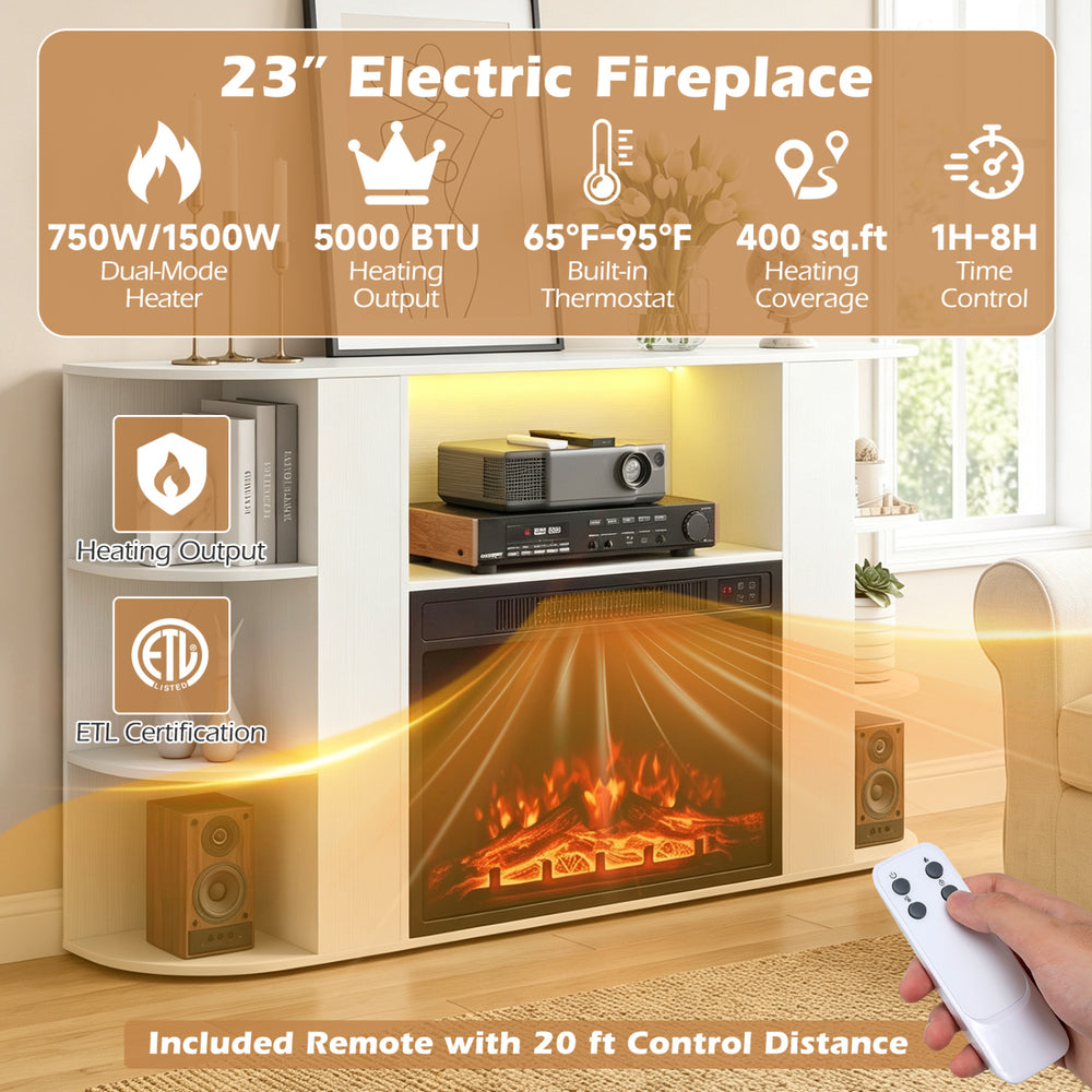 23-inch electric fireplace insert with remote control, 750W/1500W heating, adjustable flame colors, and 1-8 hour timer.