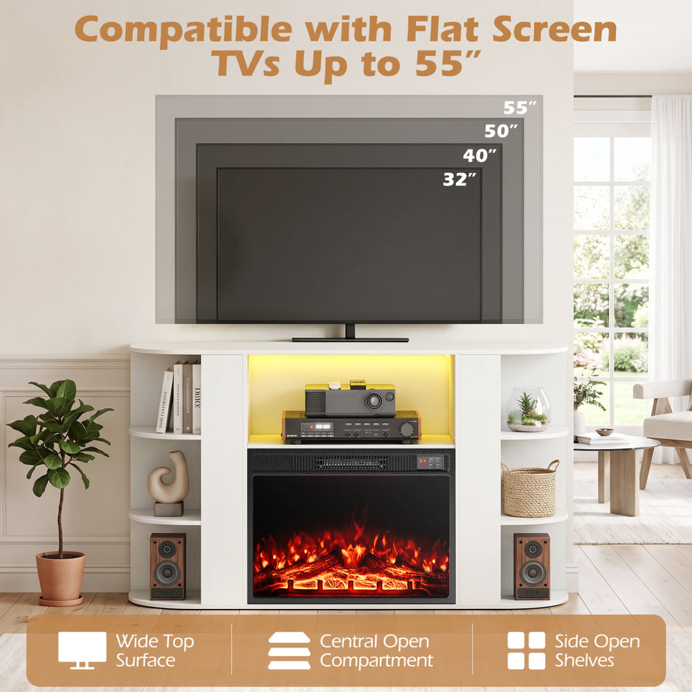 Electric fireplace insert designed for flat screen TVs up to 55 inches, featuring adjustable flame settings and remote control.
