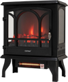 23" electric fireplace stove in black features adjustable thermostat, remote control, and 7 flame effects for cozy warmth.