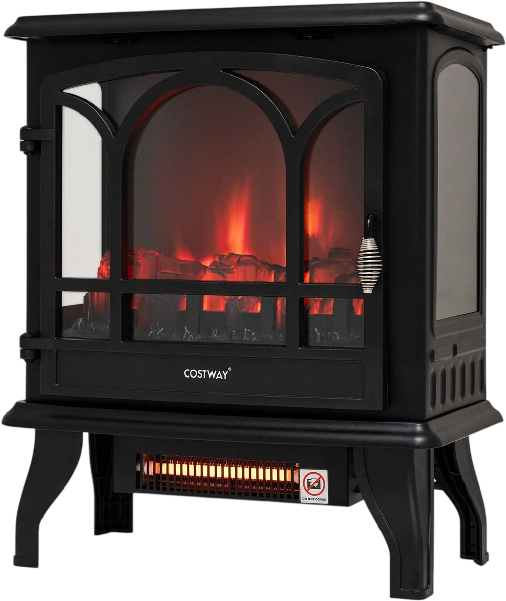 23" electric fireplace stove in black features adjustable thermostat, remote control, and 7 flame effects for cozy warmth.