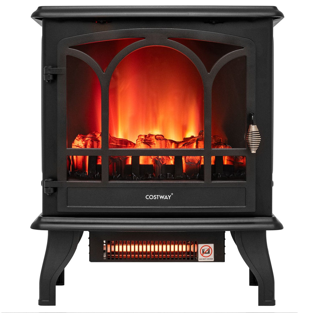 23" electric fireplace stove in black features 7 flame effects, adjustable thermostat, and remote control for cozy living room warmth.